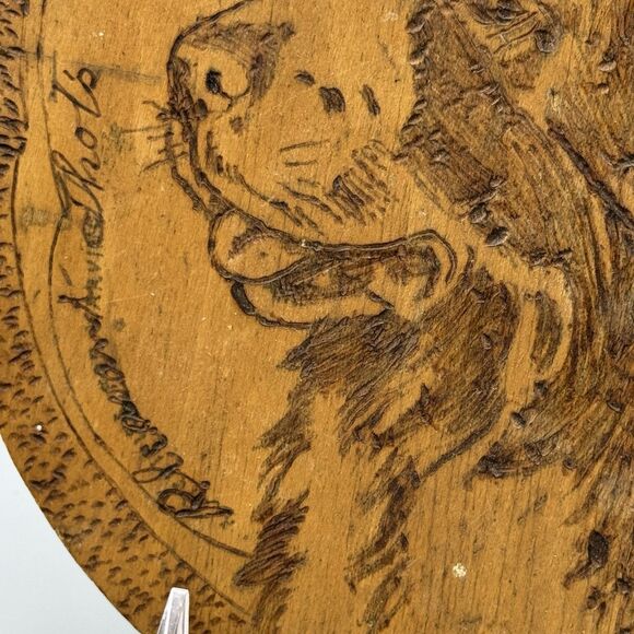 Vtg Pyrography Wood Burning Art Plaque Flemish Art Co Rd Newfoundland Dog Head - Picture 2 of 10